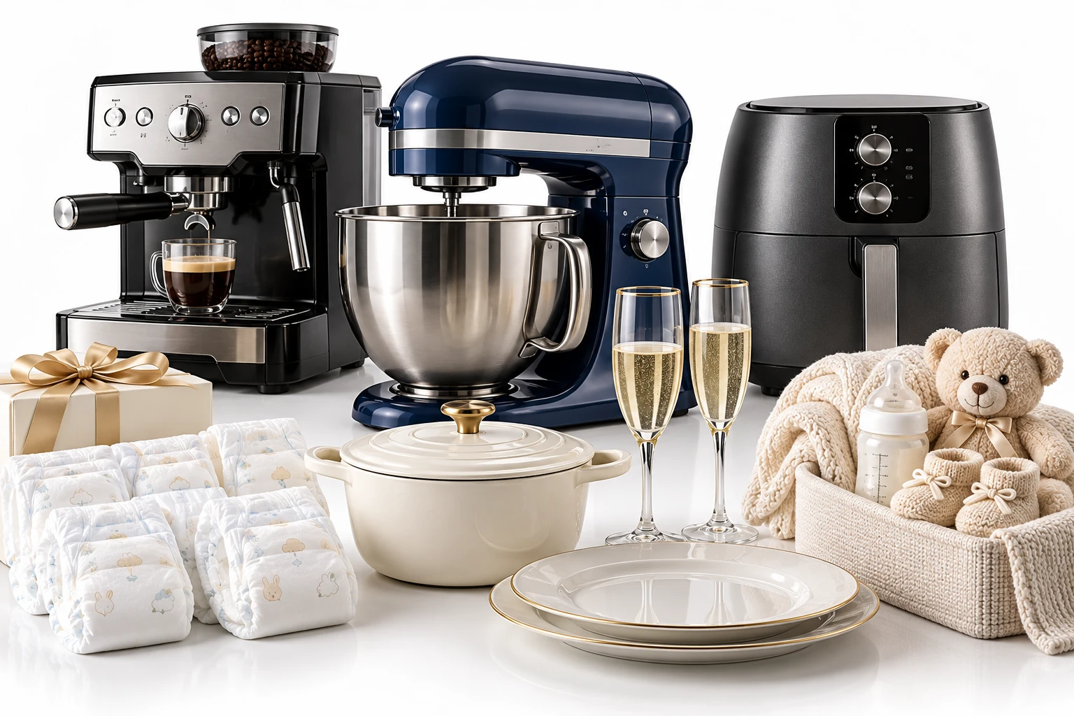 Presentes para a casa e para o bebê: cafeteira, batedeira, fritadeira, panela, taças, pratos, fraldas e uma cesta com ursinho