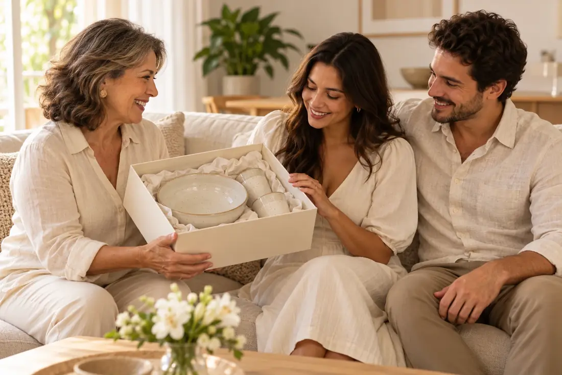 Família sorrindo ao abrir um presente para a casa nova